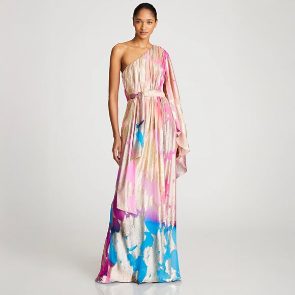 Halston Nisa Gold Ruched Printed Gown in Printed Fil Coupe - Picture 5 of 8